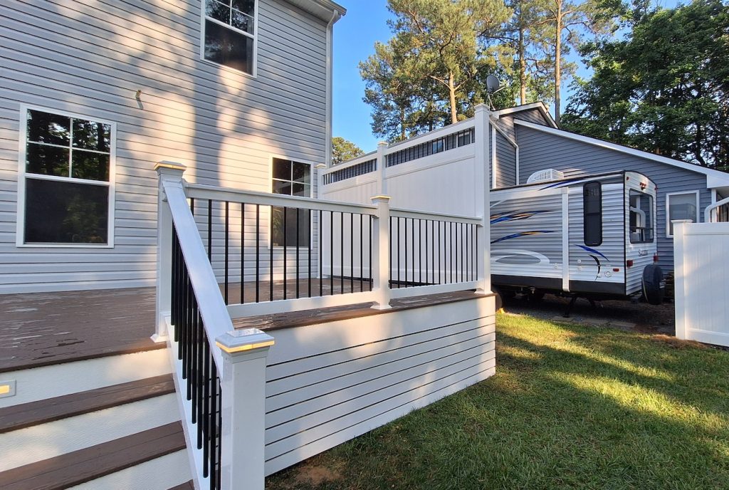 side view of deck lighting and vinyl skirting 