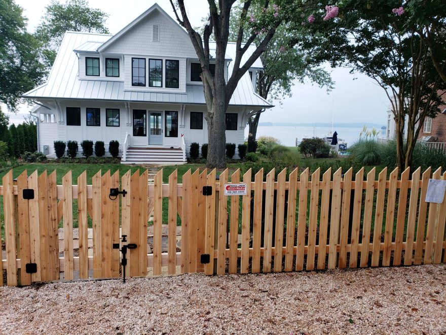 3 Foot High Custom Cedar Spaced Picket Fence with Angle Cut Top and Double Gate