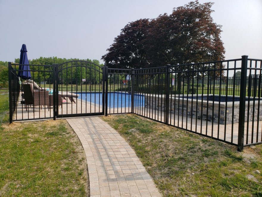 3-Rail Flat Top Ascot Style Black Aluminum Pool Code Fence with Arched Walk Gate