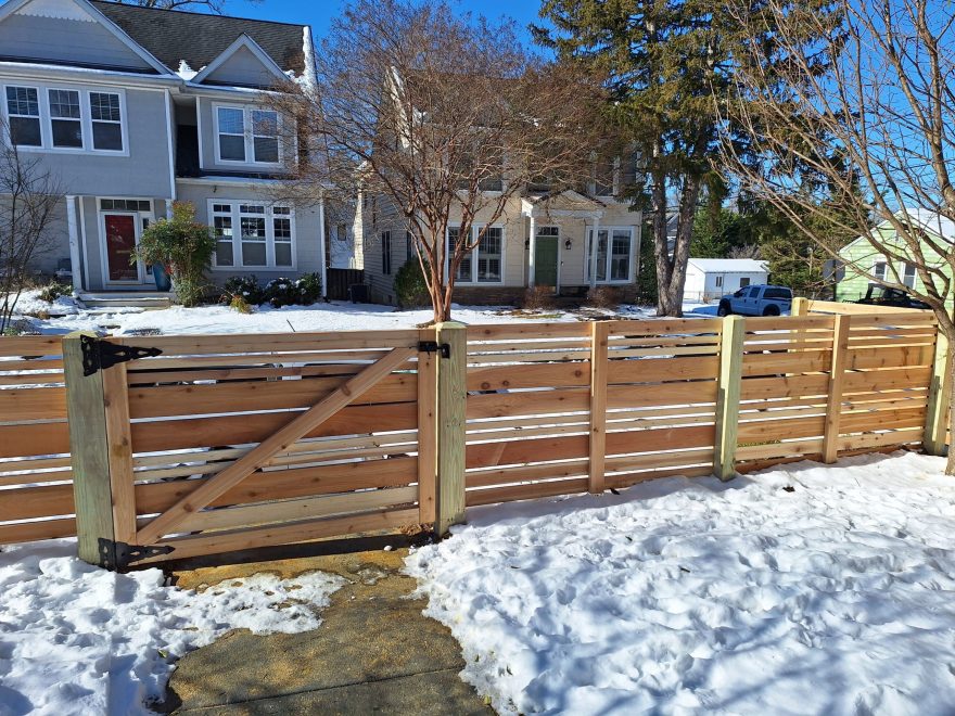 3_h Cedar Horizontal Fence wDog Eared Post Mixed 1x6 1x4 & 1x2 Pickets Runners w Spacing with matching 5 foot walk gate with standard hardware