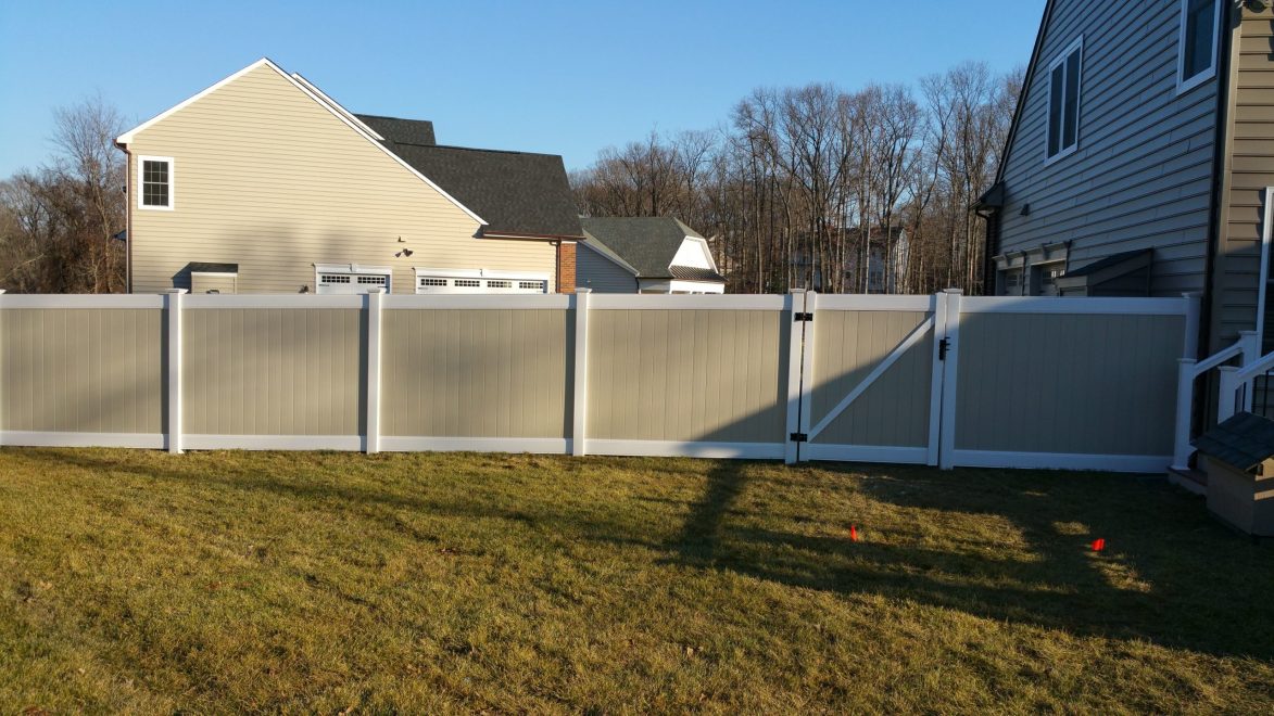 6 foot Two Tone Vinyl Privacy Fence and Walk Gate with White and Khaki Vinyl