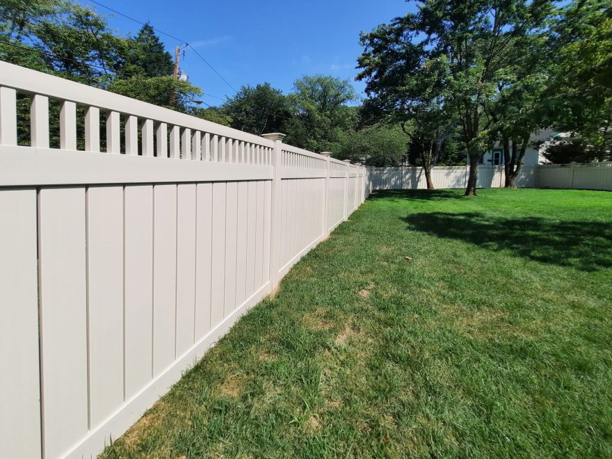 6 foot high 6 inch semi privacy tan vinyl fencing with closed tan vinyl square spindles