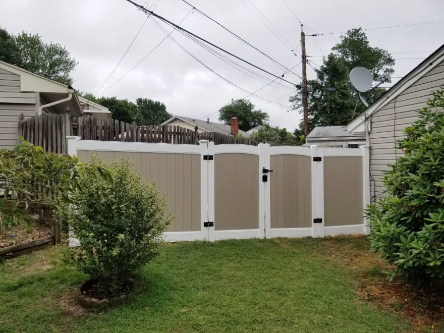 6 foot high Two Tone White and Khaki Vinyl Privacy Fence with Arched Double Gate