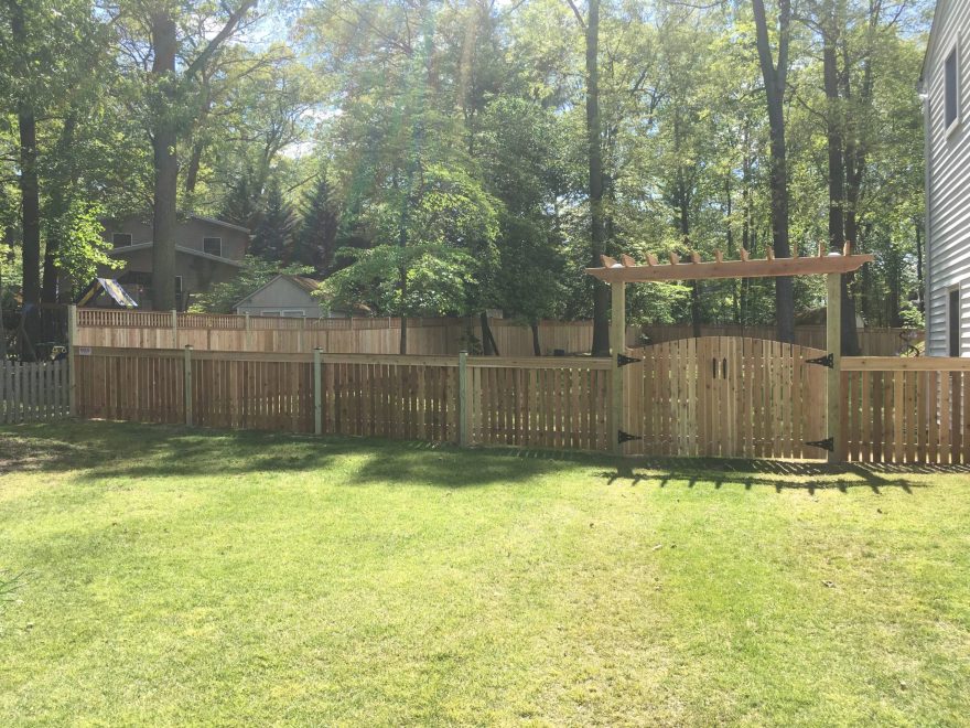 Cedar Vertical Board Fence w 6x6 Pressure-Treated Posts, Cedar Closed Spindles, Bottom 1x6 Cedar Fascia Boards, and Cedar New England Post Caps 2