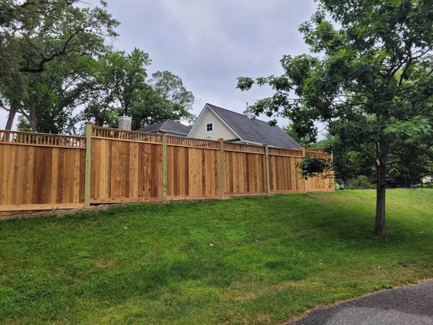 Cedar Vertical Board Fence w 6x6 Pressure-Treated Posts, Cedar Closed Spindles, Bottom 1x6 Cedar Fascia Boards, and Cedar New England Post Caps 20230621_110106