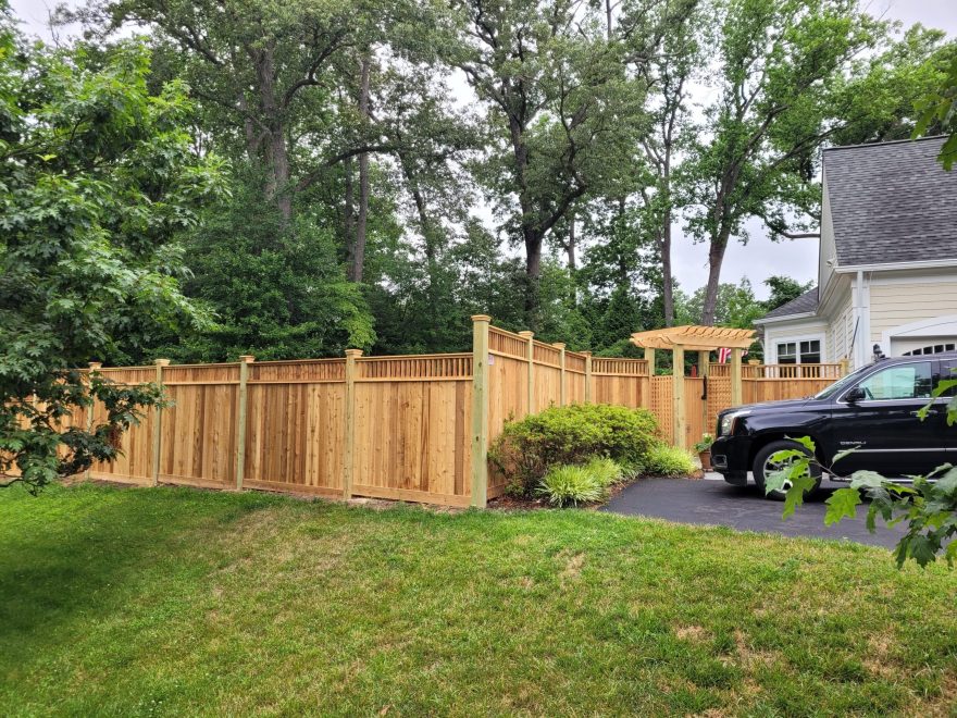 Cedar Vertical Board Fence w 6x6 Pressure-Treated Posts, Cedar Closed Spindles, Bottom 1x6 Cedar Fascia Boards, and Cedar New England Post Caps 20230621_110130