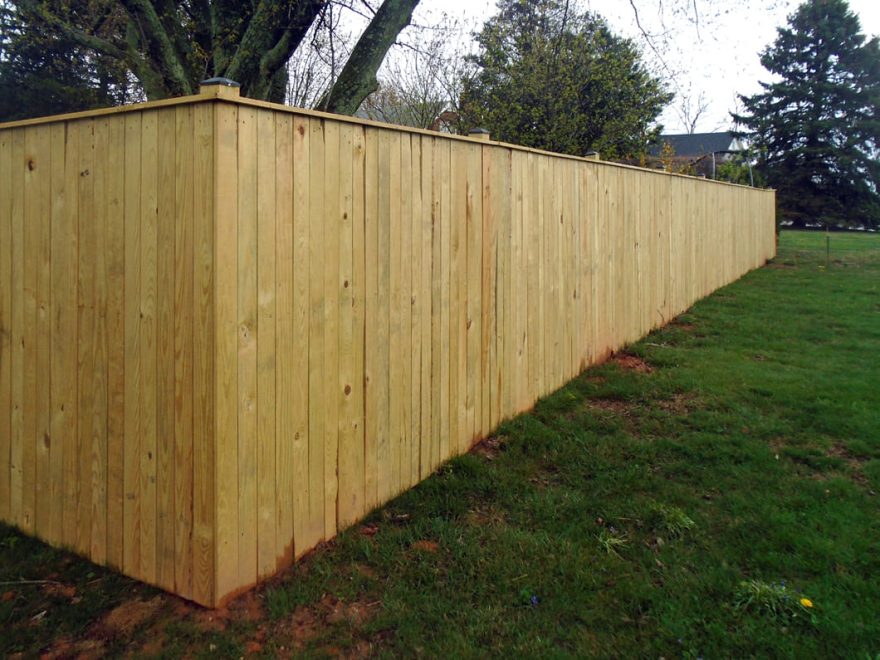 Pressure Treated Vertical Board Privacy Fence with standard black post caps