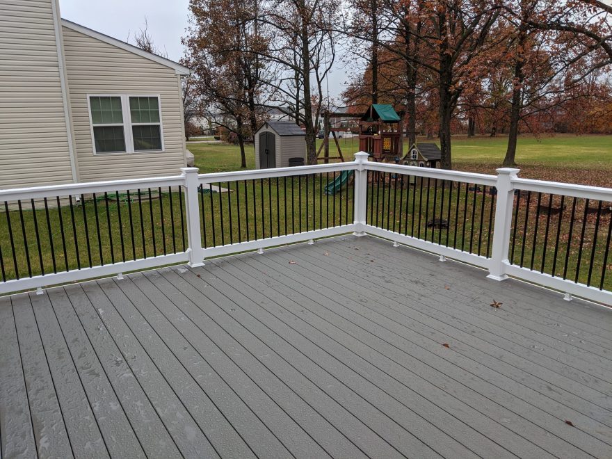 TimberTech Terrain Silver Maple Deck Boards with White Washington Vinyl Railing with Black Round Aluminum Balusters in Baltimore MD 2