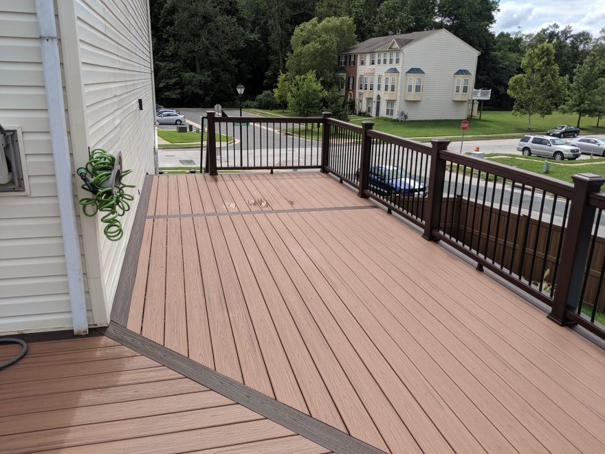 Trex Transcend Tiki Torch Deck Boards + Lava Rock Feature Boards + Vintage Lantern Composite Railing with Black Aluminum Balusters in Middle River MD