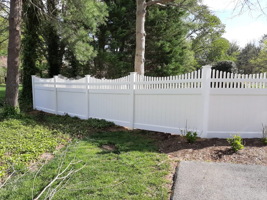 WHITE TONGUE AND GROOVE WITH SCALLOPED OPEN SPINDLE And NEW ENGLAND POST CAP Vinyl Fence